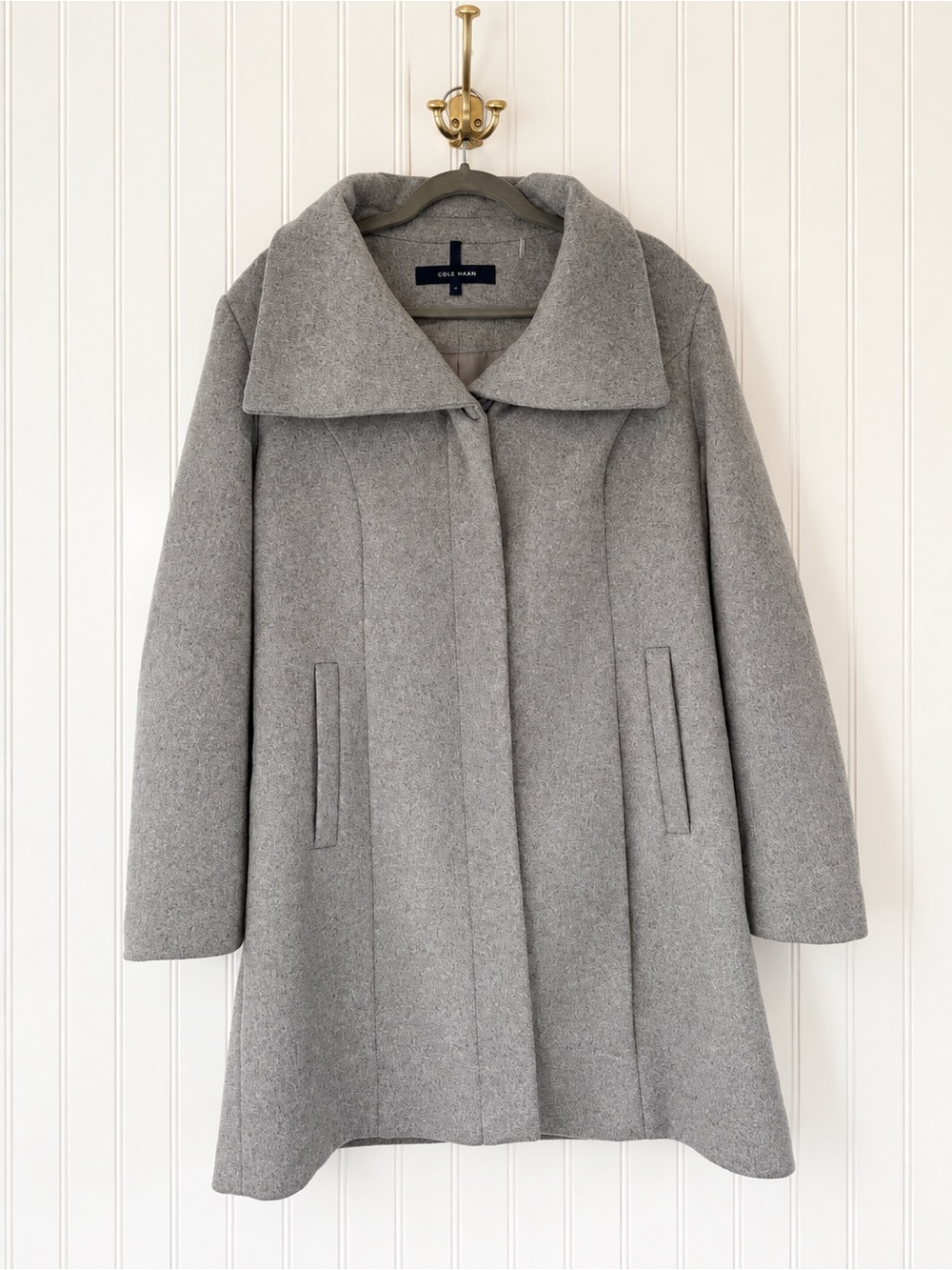 Cole Haan Convertible Collar Wool Blend Button Up Coat Light Gray Size 14